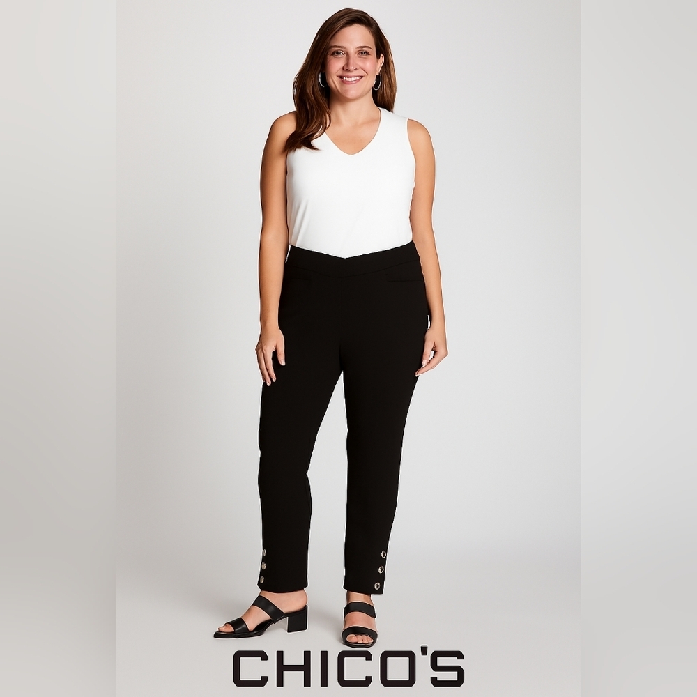 NWT CHICOS 1 Work Office Siren Black Pants Ankle Slim Gold Button Accents (#394)